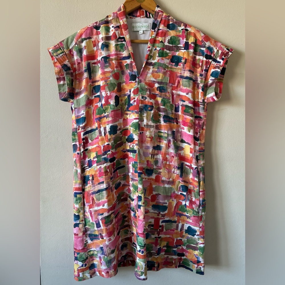 Brooke White Nancy Collection Watercolor Abstract Cotton/Linen Lined XS Dress!
